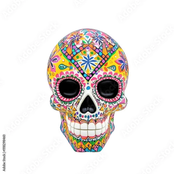 Fototapeta PNG Transparent Image of Vibrant Day of the Dead Skull with Colorful Floral and Geometric Patterns - Mexican Tradition Stock Photo