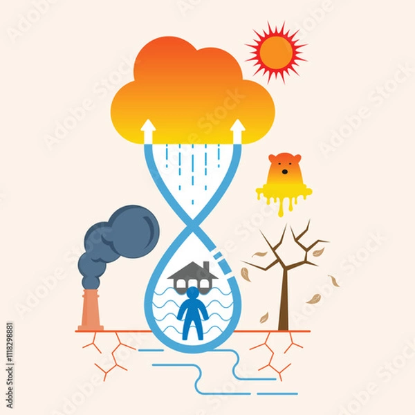 Obraz An hourglass of climate crisis: floods, droughts, and pollution converge, highlighting humanity's role in nature's fragile balance and the urgency for sustainable action.