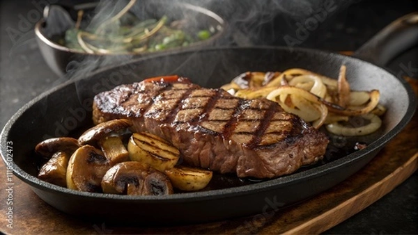 Fototapeta Sizzling New York strip steak with mushrooms and onions in a skillet