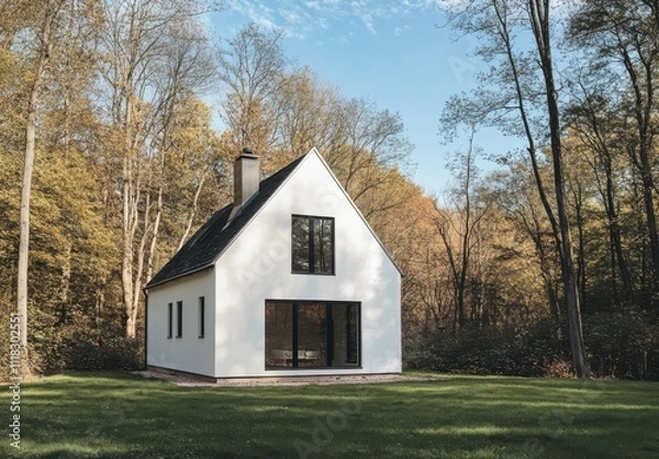 Fototapeta Modern Minimalist House in Serene Forest Setting Surrounded by Lush Trees and Bright Sky, Perfect for Nature Lovers and Tranquil Retreats