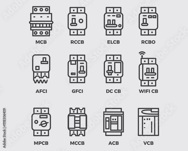 Fototapeta type of electrical circuit breaker outline icon symbol vector collection isoleated on background.mcb switchboard pictogram design