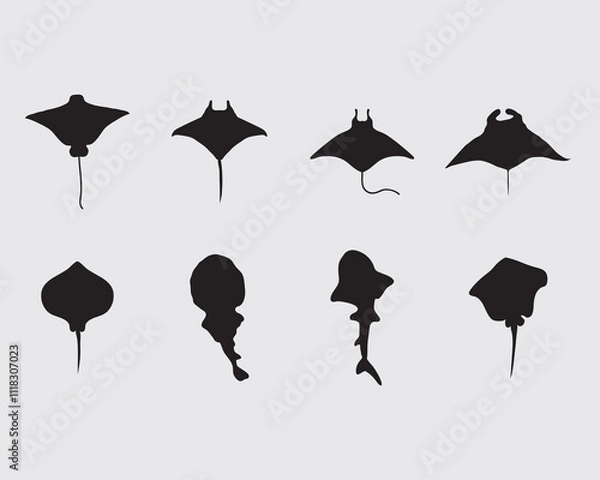 Fototapeta type of various rays fish silhouette.marine life ray vector illustration collection siolated on background