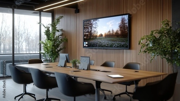 Fototapeta Modern conference room with a large screen and greenery.