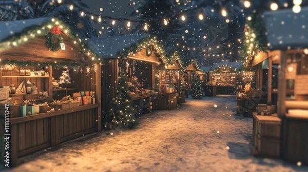 Fototapeta Snowy Christmas market with wooden stalls, lights, and falling snow at night.