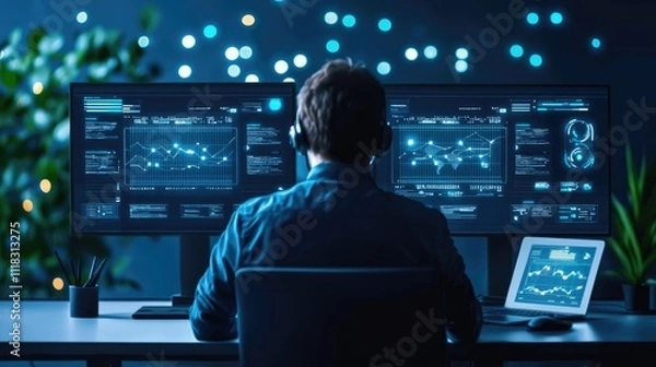 Fototapeta Professional Analyst Monitoring Data Trends in Modern Office Space