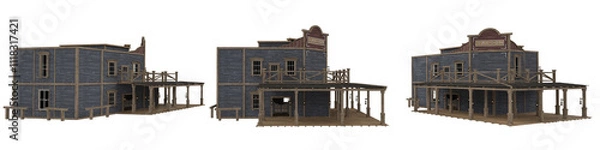 Fototapeta Wooden wild western wooden saloon building. Set of 3 isolated 3D rendered illustrations from different angles.