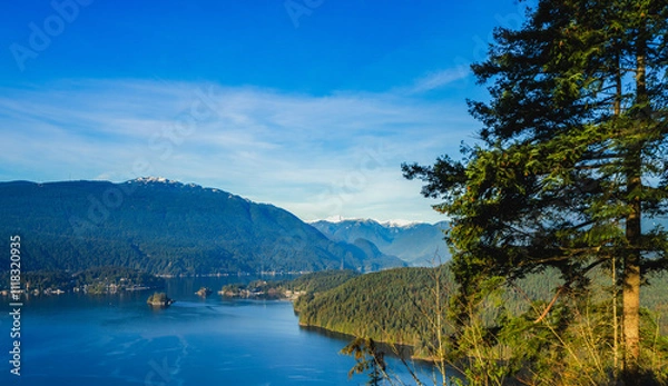 Fototapeta Beautiful Burrard Inlet near Port Moody, with forested mountain backdrop, as viewed from Burnaby Mountain Park, BC.