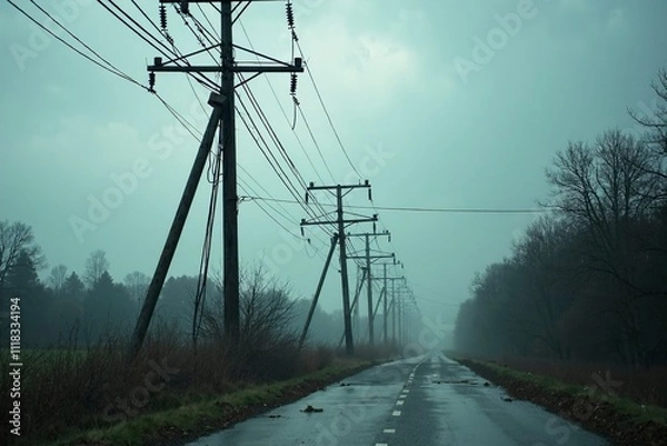 Fototapeta Storm damage to power lines disrupts electricity supply, highlighting the vulnerability of infrastructure during extreme weather conditions and the importance of resilience in modern society.