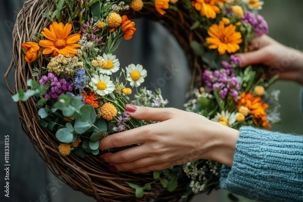Obraz Florist's hands making a decorative wreath with colorful wildflowers on a dark background