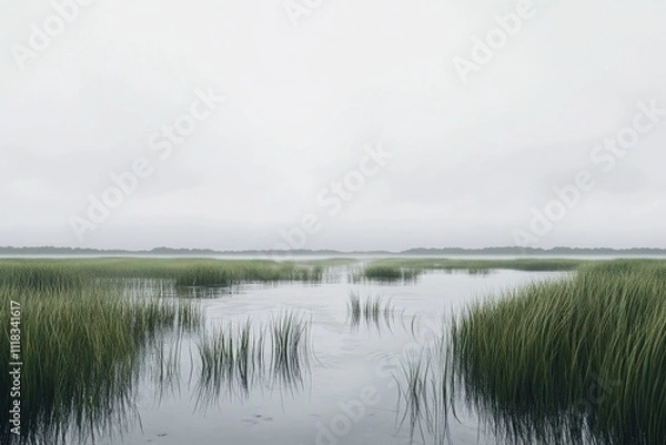 Obraz mist over the river and grass on the water surface