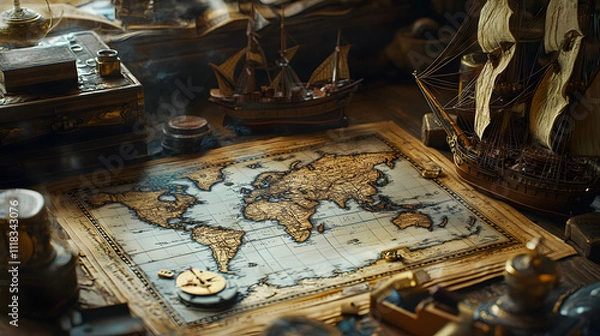 Fototapeta Detailed antique world map with miniature ships and navigational tools set in an old study
