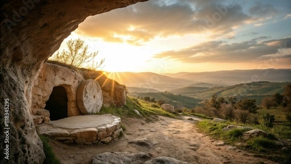 Fototapeta Classic religious scene of an empty tomb with a stone rolled away at sunrise in a hillside setting