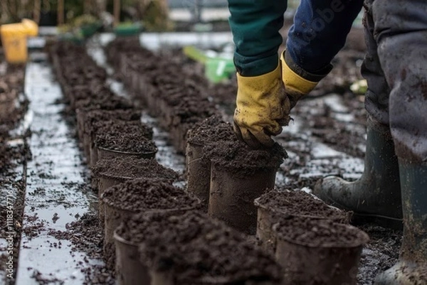 Obraz Digging Holes for New Trees in Nursery
