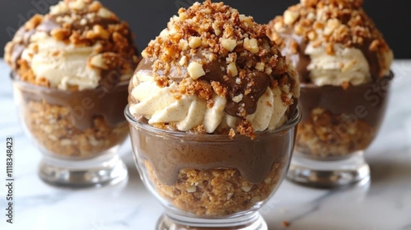 Fototapeta Decadent dessert featuring creamy layers of chocolate and nut toppings, served in elegant glass cups. Perfect for special occasions or indulgent treats