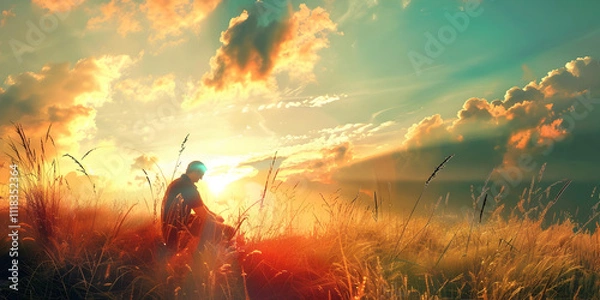Obraz A man stands in a field with the sun behind him

