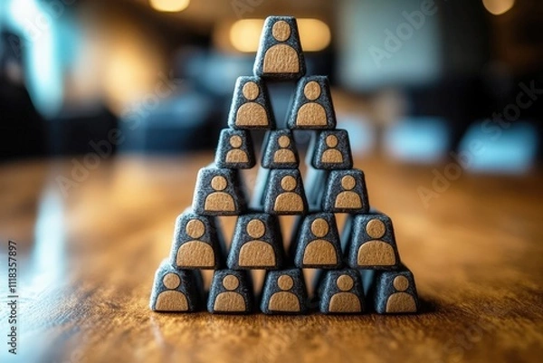 Fototapeta Stacked Wooden Figurines Representing Teamwork and Collaboration in a Modern Office Environment with Soft Lighting and a Warm Color Palette