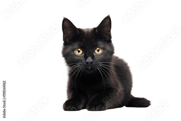 Obraz Black cat with a playful stance, looking directly at the camera with a hint of curiosity, isolated on a clean white surface