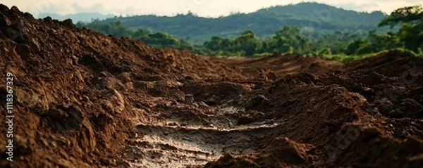 Obraz The image depicts a muddy, uneven terrain with visible tire tracks and lush green hills in the background, showcasing a natural landscape affected by activity.