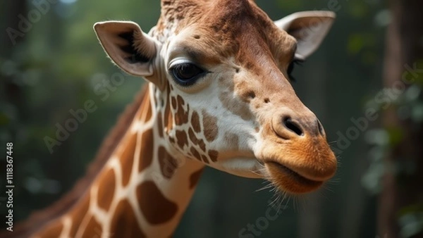Fototapeta  A close up of a giraffe's face with trees in the background
