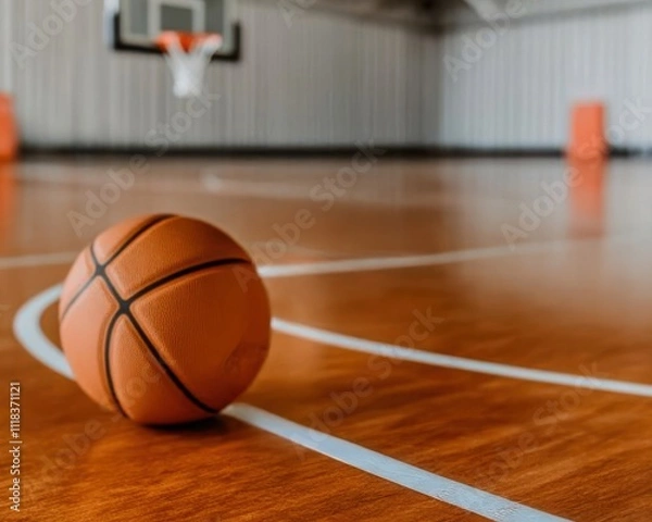 Fototapeta Close-Up View of a Basketball on the Court with a Blurred Hoop and Wooden Floor in a Recreation Center Gymnasium Setting