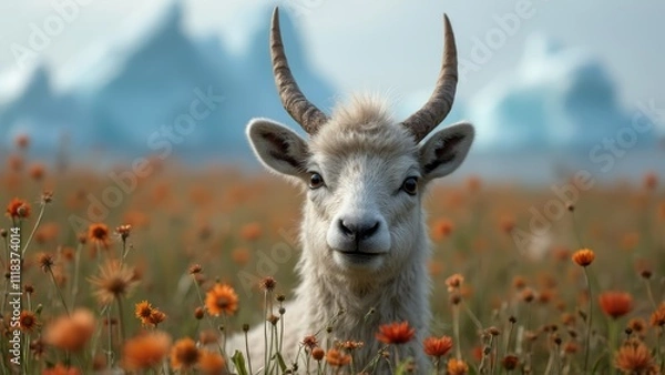 Fototapeta A goat standing in a field of flowers with mountains in the background