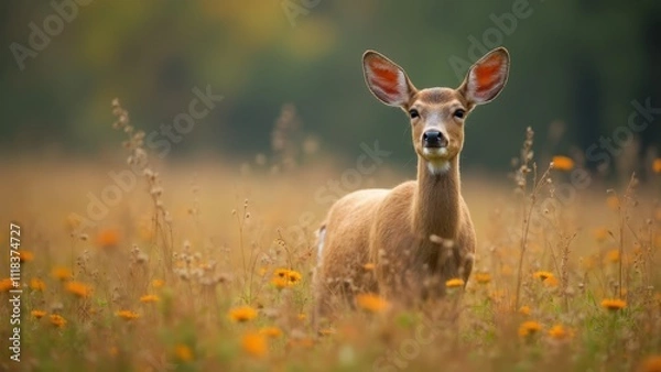 Fototapeta A deer standing in a field of tall grass and flowers