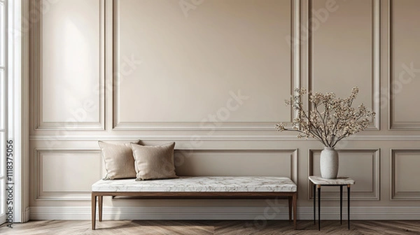 Fototapeta Elegant modern entryway showcasing a bench with pillows and a marble console against beige paneling