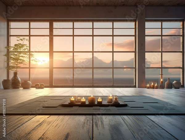 Fototapeta Minimalist Yoga Studio with Panoramic Windows and Candlelit Atmosphere for Mindfulness