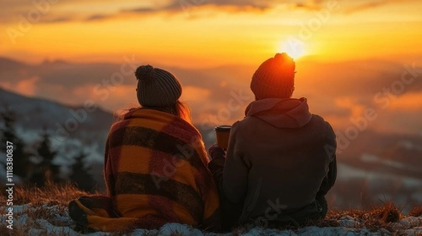 Fototapeta A couple watching a New Year sunrise from a mountain peak, wrapped in cozy blankets and sipping coffee. The warm golden light marks the beginning of a fresh year. The moment feels serene and 