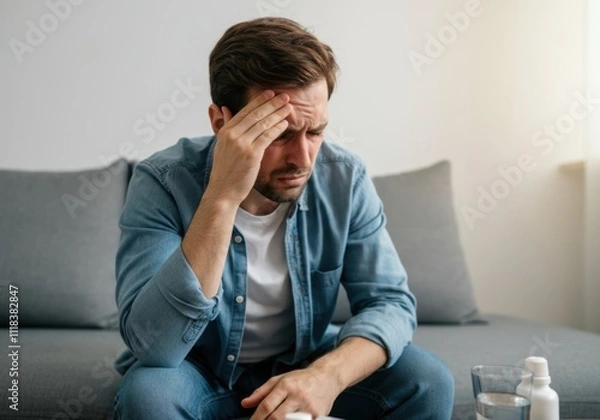 Fototapeta Sick man sitting on sofa and suffering from headache, touching his forehead at home