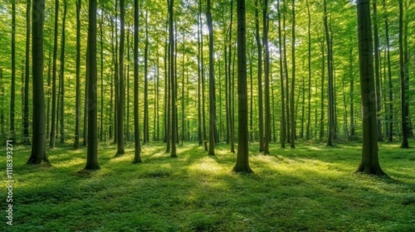 Fototapeta Sunlit Beech Forest Lush Green Canopy