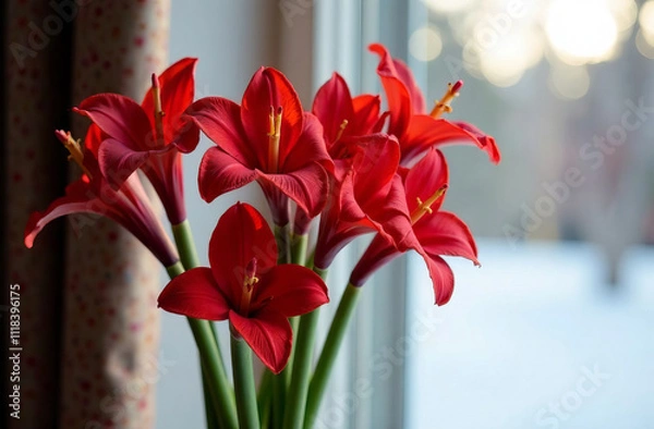 Fototapeta red long gladioli stand in a vase against the background of a beautiful winter window. A series of bouquets of different colors in a basket and in a vase.