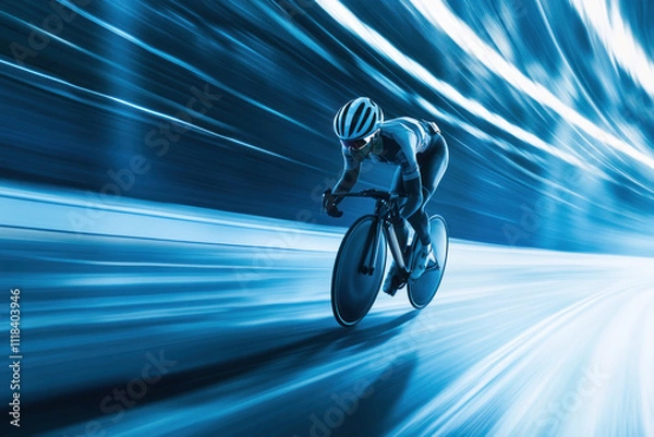 Obraz Cyclist racing on a futuristic blue-lit track