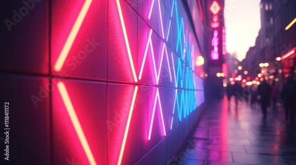 Fototapeta Vibrant neon lights illuminate a city street at night, creating a dynamic urban scene.