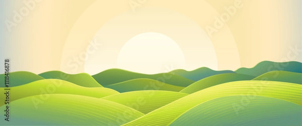 Fototapeta Hilly landscape, with green hills and mountains, sunrise sun above the horizon. Vector illustration.