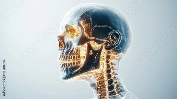 Fototapeta Human Skull and Spine Anatomy in 3D with Neon Highlights Display