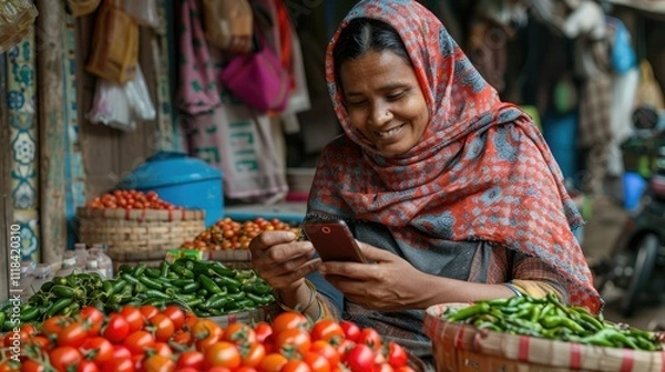 Fototapeta Smiling woman using smartphone at market stall with tomatoes and chilies.