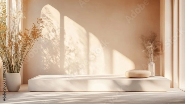 Fototapeta Minimalist sunlit interior with empty platform and decorative plants