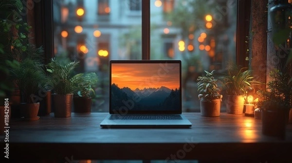 Fototapeta Laptop displaying sunset mountain landscape on wooden desk with plants and candles.