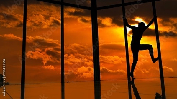 Fototapeta oy jumps walks on the glass 

behind the window sunset
man spider 