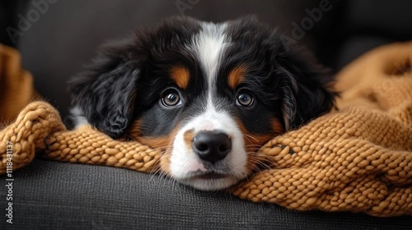 Fototapeta Adorable Bernese Mountain Dog puppy nestled in a cozy mustard yellow knit blanket, resting on a dark grey couch.