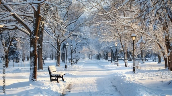 Fototapeta The landscape looks like a winter wonderland, with the trees creating a beautiful contrast against the soft white ground.