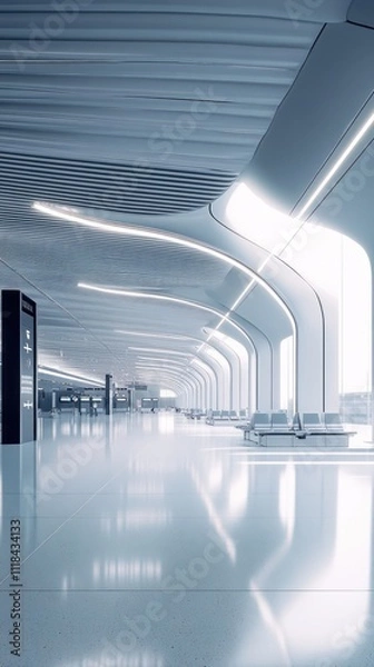 Fototapeta Modern airport terminal interior with sleek design, bright lighting, and comfortable seating.