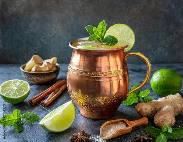 Fototapeta Refreshing spicy ginger beer in a copper mug with lime and mint garnish. Generative AI