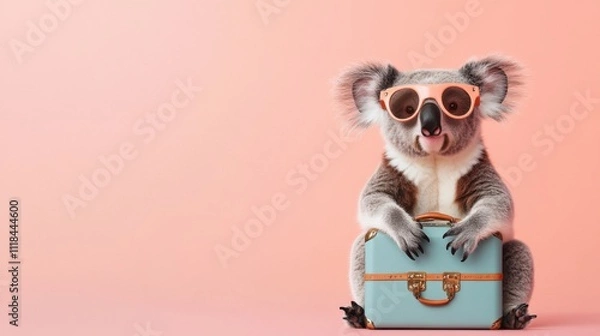 Obraz A koala wearing aviator goggles sits with a light blue suitcase in front of a soft pastel background, exuding a playful, adventurous spirit perfect for travel