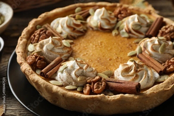 Fototapeta Homemade pumpkin pie with whipped cream, seeds and cinnamon on wooden table, closeup