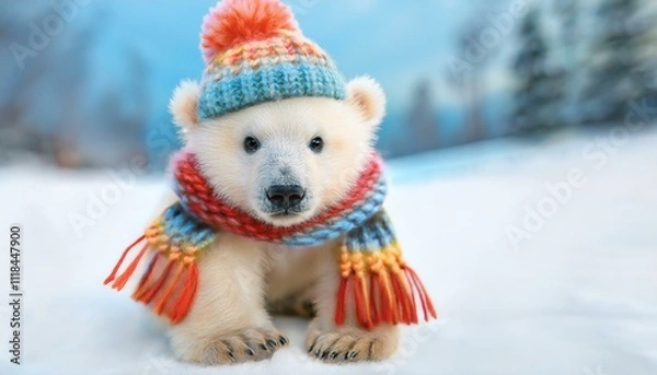 Fototapeta Generated imageEndearing Polar Bear Cub with Bright Knit Accessories, Braving the Winter