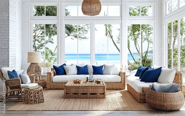 Fototapeta Modern coastal living room with whitewashed walls, rattan furniture, blue accents, and large windows showcasing sea views. A serene, airy space that embodies a relaxed coastal vibe.


