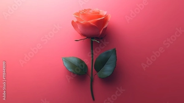 Fototapeta Delicate rose on a vibrant pink background with green leaves