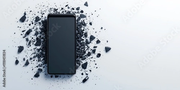 Fototapeta spam call phone report concept. A smartphone surrounded by crushed black stones on a light background.